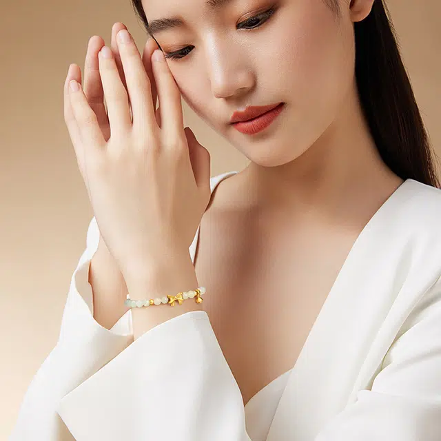 中国黄金 央创时尚 蝴蝶结 新中式国潮 轻奢小众设计精致 和田玉 手串 女款 白玉 礼盒礼物