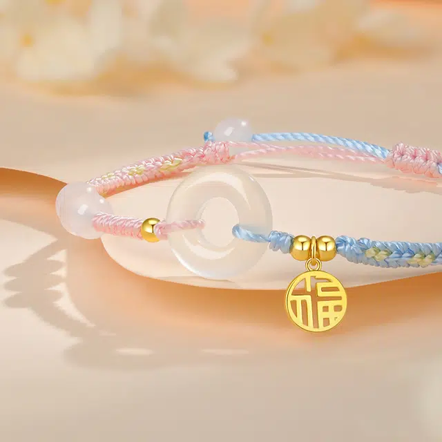 中国黄金 央创时尚 同心结手绳 平安扣 国潮新中式 小众简约设计 百搭 玉髓 手链 女款 礼物礼盒