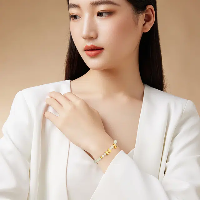 中国黄金 央创时尚 蝴蝶结 新中式国潮 轻奢小众设计精致 和田玉 手串 女款 白玉 礼盒礼物