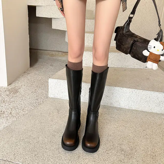 牛皮革 潮流纯色圆头百搭复古擦色质感气质时尚 高筒靴 女款