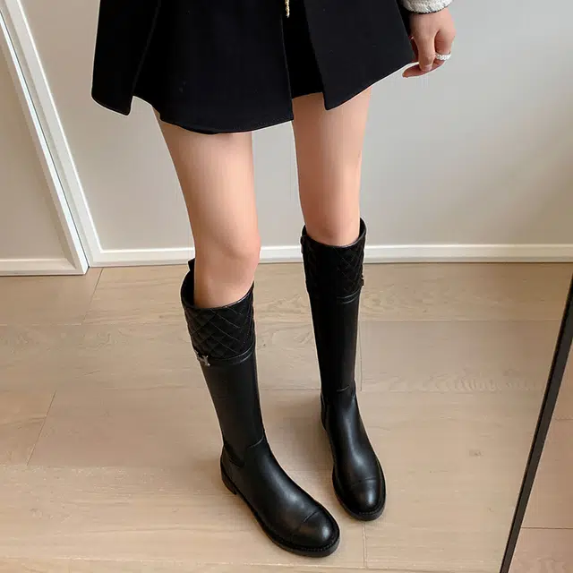 复古时尚百搭通勤休闲显瘦气质小香风骑士靴 高筒靴 女款 经典黑色