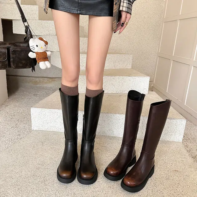 牛皮革 潮流纯色圆头百搭复古擦色质感气质时尚 高筒靴 女款