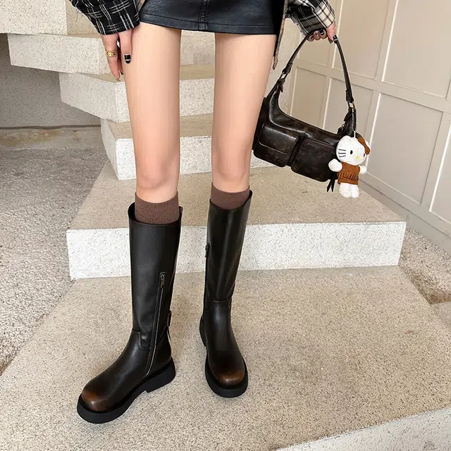 牛皮革 潮流纯色圆头百搭复古擦色质感气质时尚 高筒靴 女款