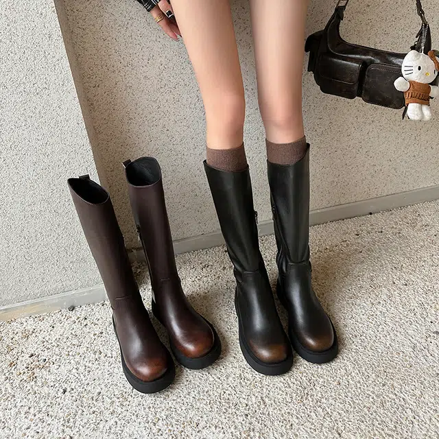 牛皮革 潮流纯色圆头百搭复古擦色质感气质时尚 高筒靴 女款