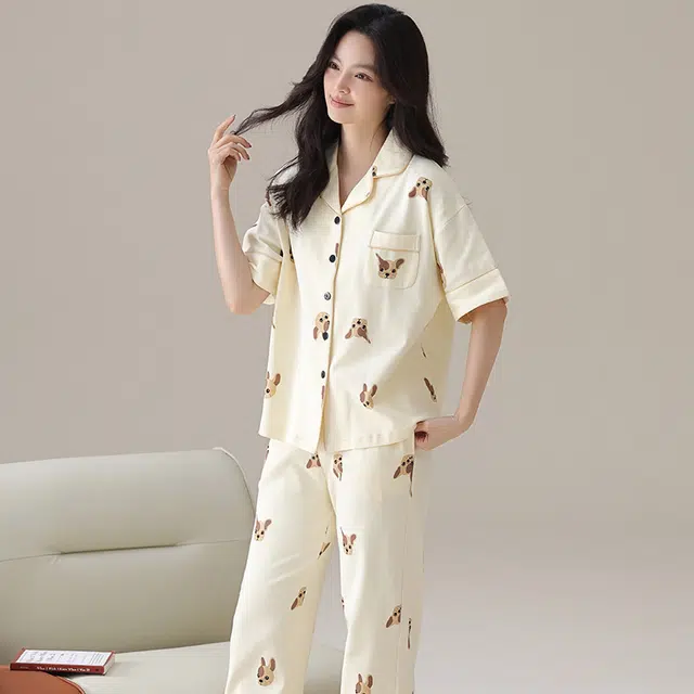 顶瓜瓜 纯棉短袖满印狗狗家居服翻领开衫可外穿家居服长裤宽松休闲睡衣套装 女款 图片色