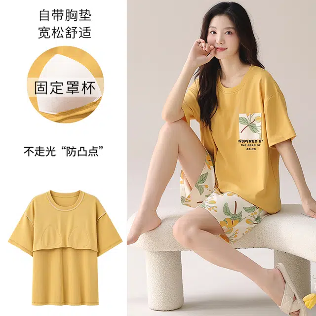 顶瓜瓜 印花纯棉圆领套头家居服带胸垫短袖短裤宽松休闲可外穿舒适亲肤 夏季 睡衣套装 女款