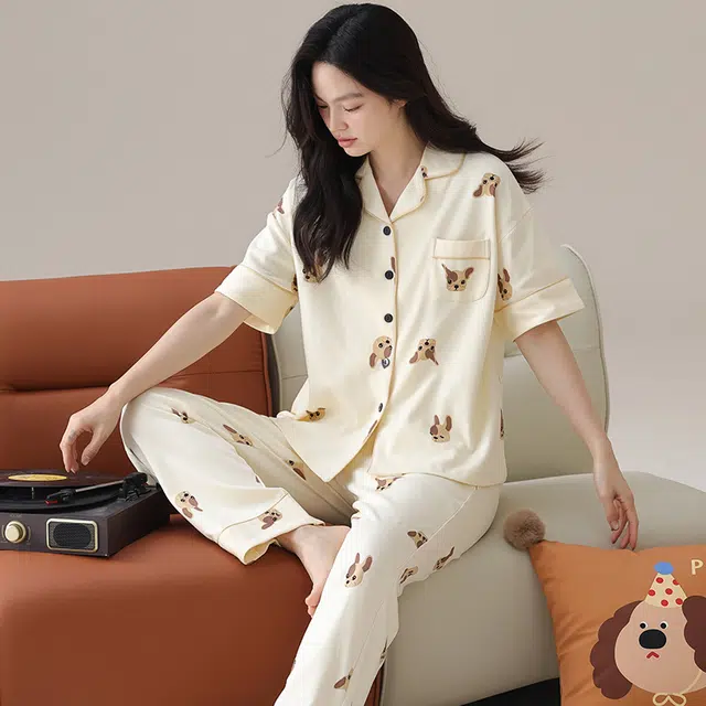 顶瓜瓜 纯棉短袖满印狗狗家居服翻领开衫可外穿家居服长裤宽松休闲睡衣套装 女款 图片色