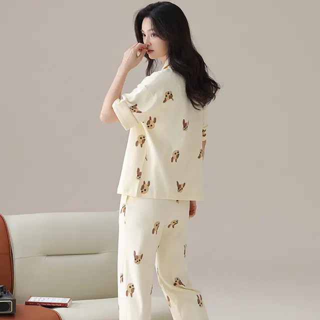 顶瓜瓜 纯棉短袖满印狗狗家居服翻领开衫可外穿家居服长裤宽松休闲睡衣套装 女款 图片色