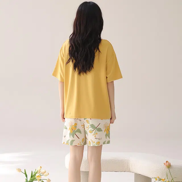 顶瓜瓜 印花纯棉圆领套头家居服带胸垫短袖短裤宽松休闲可外穿舒适亲肤 夏季 睡衣套装 女款