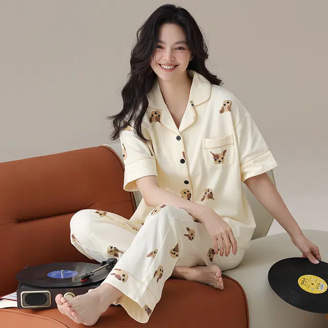 顶瓜瓜 纯棉短袖满印狗狗家居服翻领开衫可外穿家居服长裤宽松休闲睡衣套装 女款 图片色