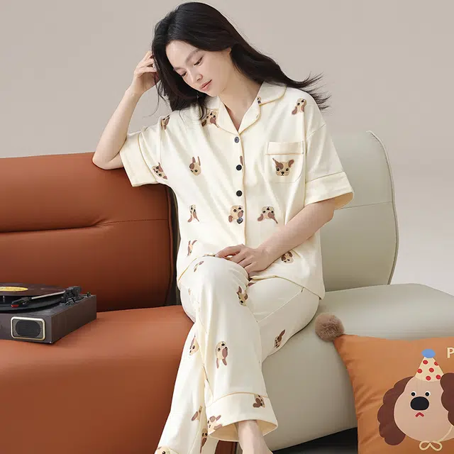 顶瓜瓜 纯棉短袖满印狗狗家居服翻领开衫可外穿家居服长裤宽松休闲睡衣套装 女款 图片色