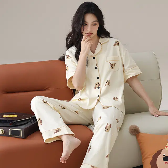 顶瓜瓜 纯棉短袖满印狗狗家居服翻领开衫可外穿家居服长裤宽松休闲睡衣套装 女款 图片色