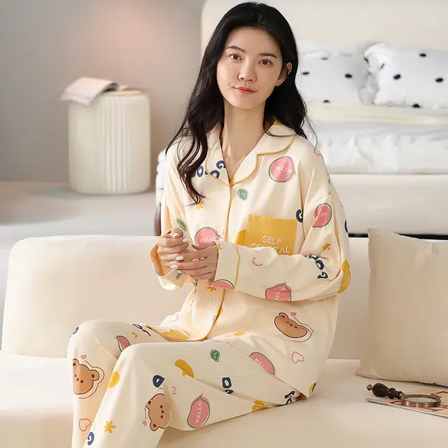 顶瓜瓜 纯棉卡通动漫印花翻领长袖长裤可外穿家居睡衣套装 女款 杏色