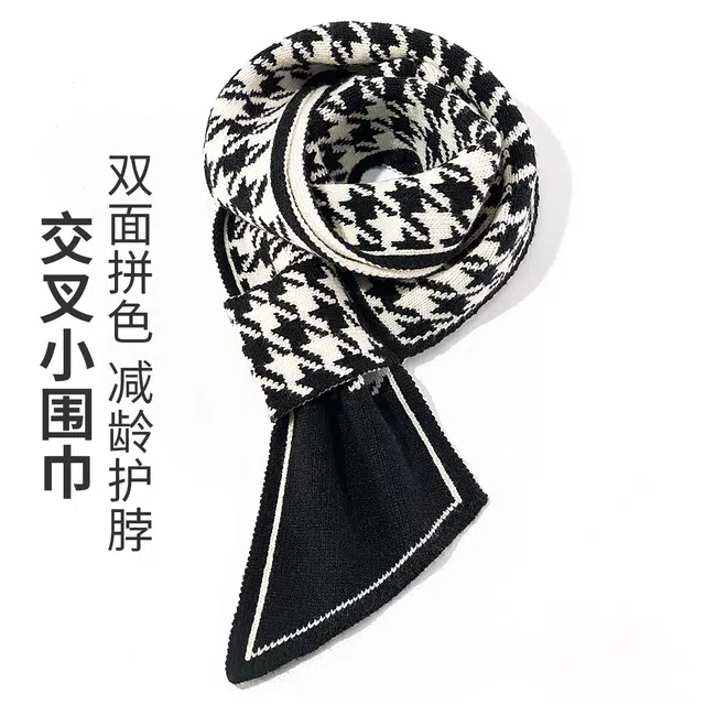 上海故事 针织提花千鸟黑白格脖套外出防寒保暖装饰护颈气质尖角 聚酯纤维 绒线围巾 女款