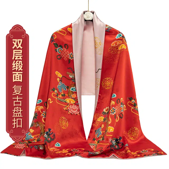 上海故事 双层真丝喷绘盘扣披肩 桑蚕丝 丝巾 女款