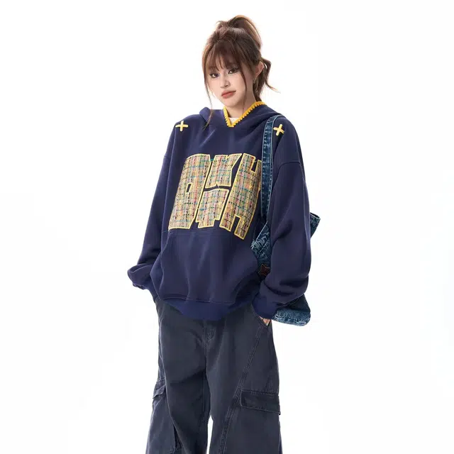 美丽衣橱 美式复古贴布刺绣潮牌连帽长袖卫衣 男女同款