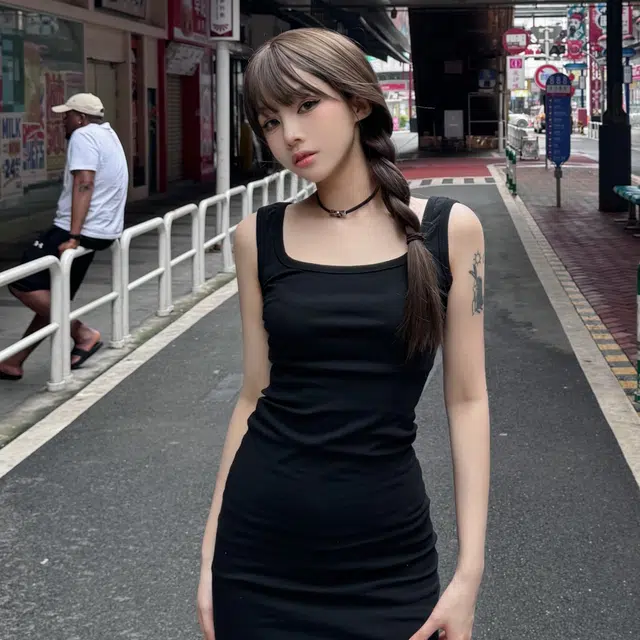 美丽衣橱 纯色修身方领短款无袖连衣裙 女款 黑色
