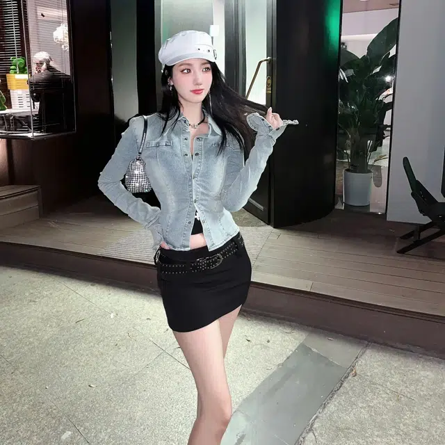 美丽衣橱 美式复古翻领做旧修身长袖牛仔衬衫 女款