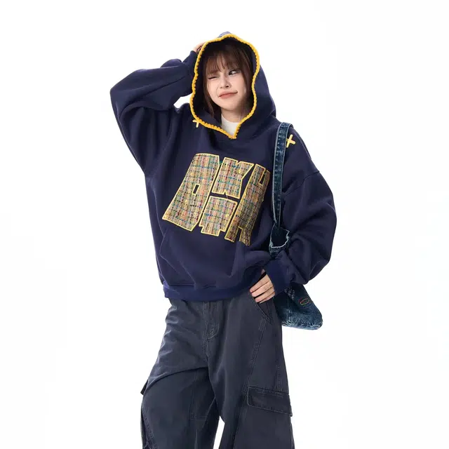 美丽衣橱 美式复古贴布刺绣潮牌连帽长袖卫衣 男女同款