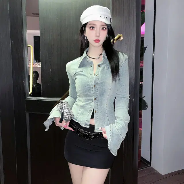 美丽衣橱 美式复古翻领做旧修身长袖牛仔衬衫 女款
