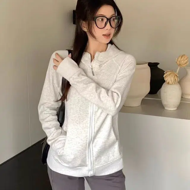 美丽衣橱 美式复古修身外套显瘦纯欲风辣妹连帽瑜伽服卫衣 女款 灰色