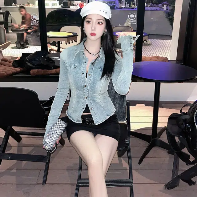 美丽衣橱 美式复古翻领做旧修身长袖牛仔衬衫 女款