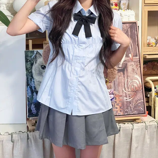 美丽衣橱 学院风设计感小众潮流宽松休闲高级感衬衣裙装套装 女款