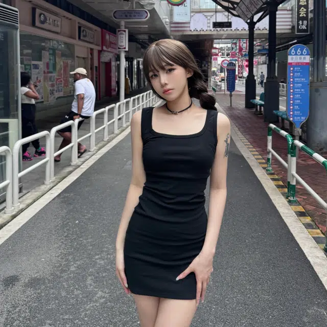 美丽衣橱 纯色修身方领短款无袖连衣裙 女款 黑色