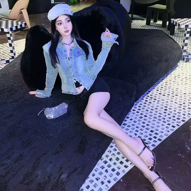 美丽衣橱 美式复古翻领做旧修身长袖牛仔衬衫 女款