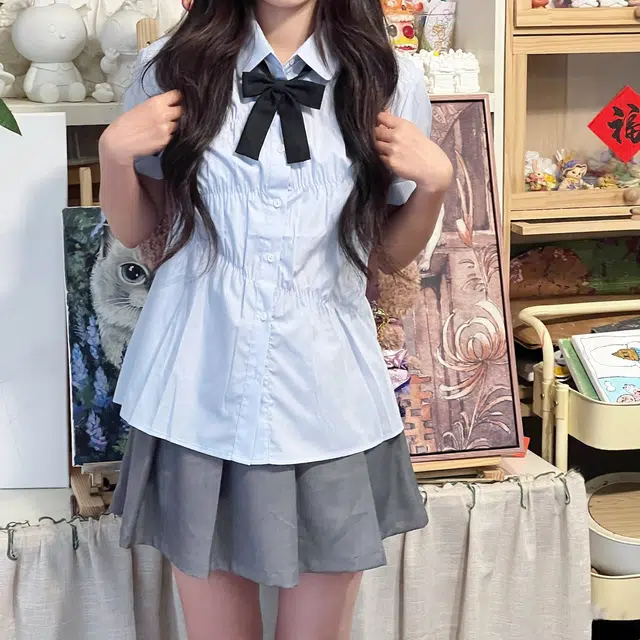 美丽衣橱 学院风设计感小众潮流宽松休闲高级感衬衣裙装套装 女款