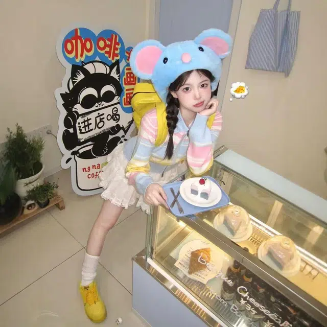 祎步康 卡通可爱小蓝鼠立耳玩偶帽子拍照毛绒超萌柔软显脸小 涤纶 绒线帽 女款