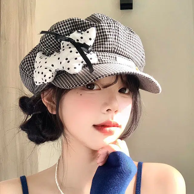 祎步康 可爱波点小狗格纹大头围薄款百搭文艺显脸小八角帽 腈纶 贝雷帽 女款