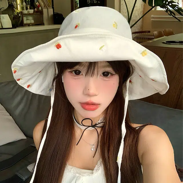 祎步康 甜美绑带白色大帽檐透气可折叠防晒帽子遮阳盆帽 棉涤 渔夫帽 女款