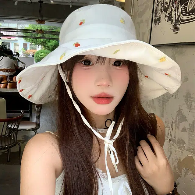 祎步康 甜美绑带白色大帽檐透气可折叠防晒帽子遮阳盆帽 棉涤 渔夫帽 女款