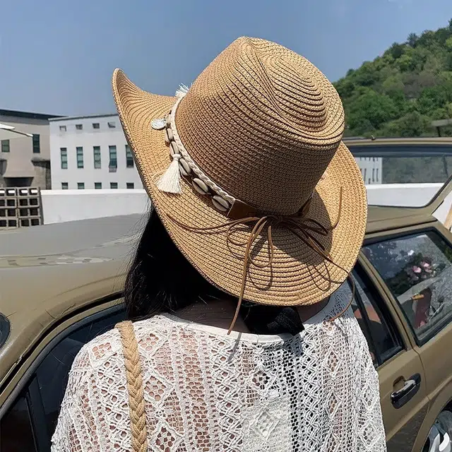祎步康 民族风草帽牛仔帽子女夏天出游 纺纸草 大檐户外旅游防晒帽 女款