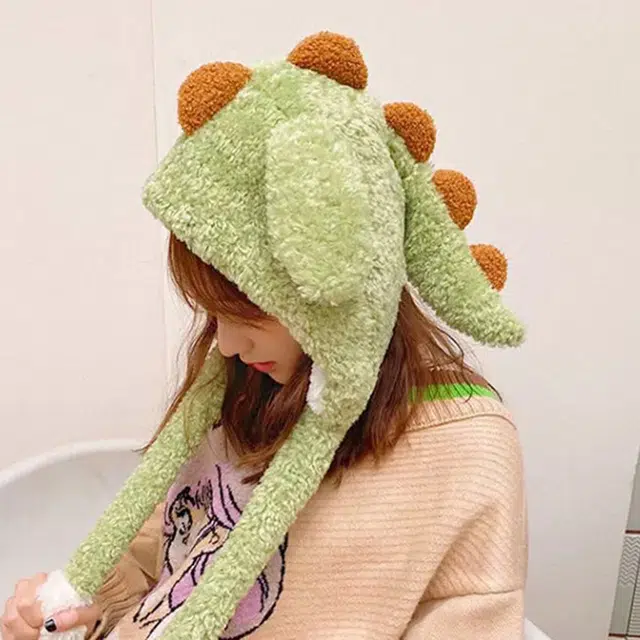 祎步康 可爱卡通恐龙气囊毛绒护耳保暖防寒造型套头 涤纶 帽子 女款