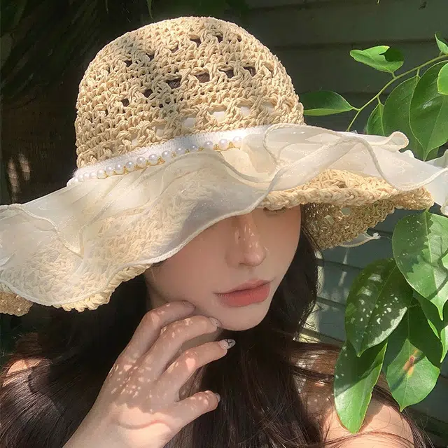 祎步康 蕾丝防晒 草编 渔夫帽 女款