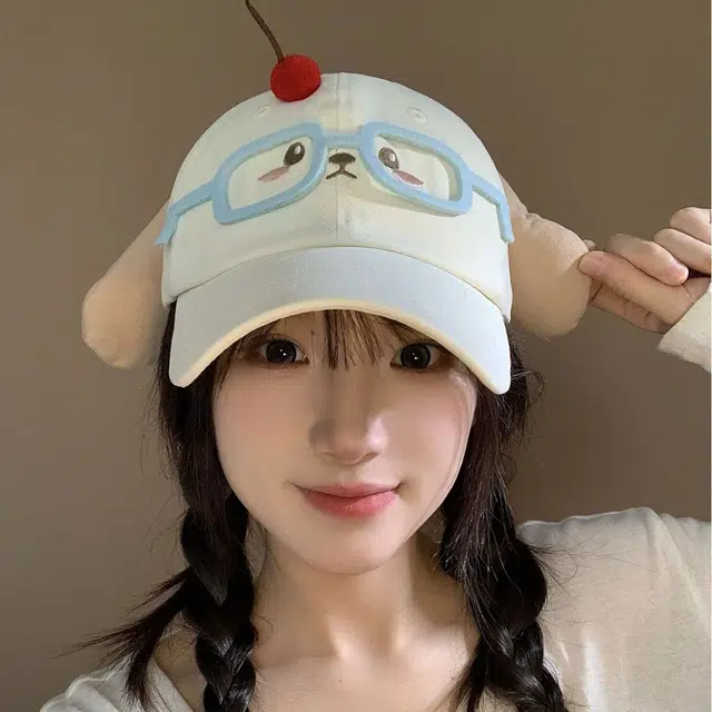 祎步康 创意眼镜樱桃小熊耳朵卡通可爱甜美少女 棉 鸭舌帽 女款