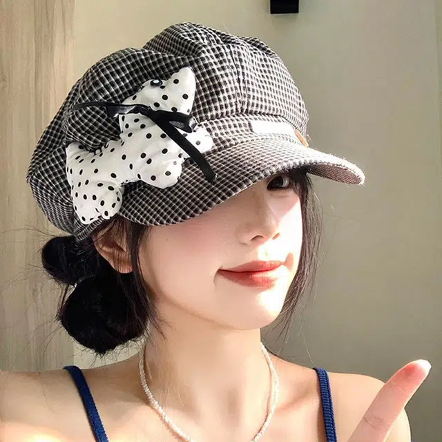 祎步康 可爱波点小狗格纹大头围薄款百搭文艺显脸小八角帽 腈纶 贝雷帽 女款