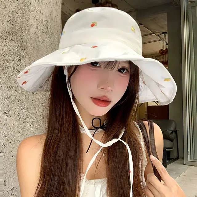 祎步康 甜美绑带白色大帽檐透气可折叠防晒帽子遮阳盆帽 棉涤 渔夫帽 女款