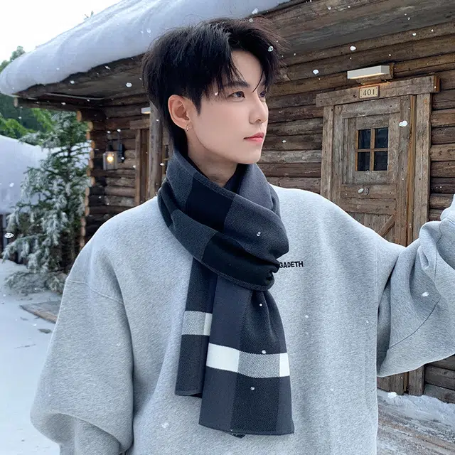 祎步康 简约大气户外防风护颈保暖韩版学院风时尚百搭柔软舒适格子图案 聚酯纤维 绒线围巾 男女同款情侣款