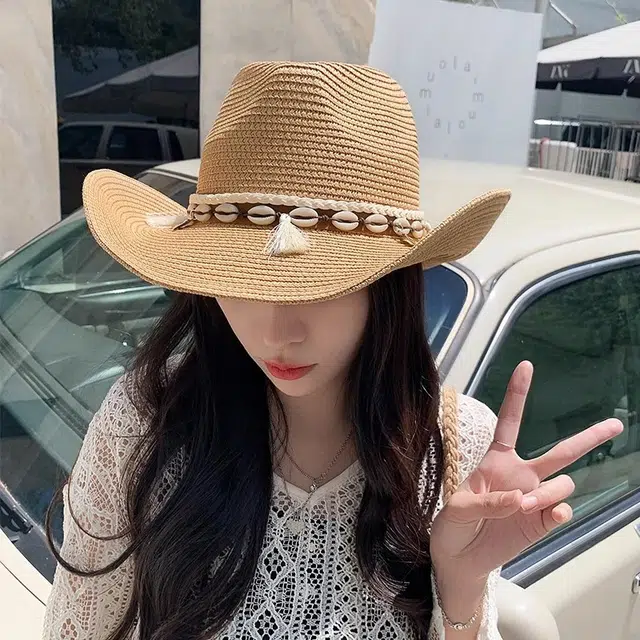 祎步康 民族风草帽牛仔帽子女夏天出游 纺纸草 大檐户外旅游防晒帽 女款