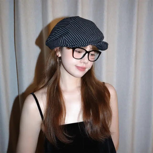 祎步康 百搭日系文艺条纹棉麻贝雷帽显脸小报童帽复古画家帽潮 棉 帽子 女款