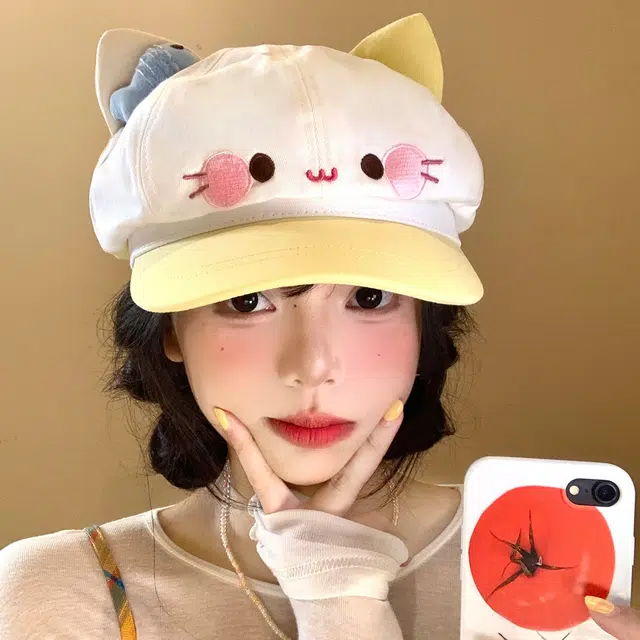 祎步康 可爱卡通小猫耳朵户外甜美大头围显脸小简约 棉 贝雷帽 女款