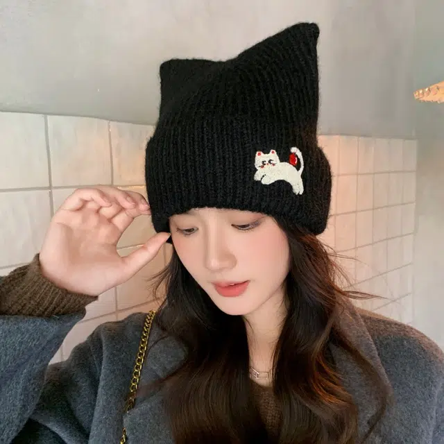 祎步康 韩版帽女款毛线针织帽显脸小包头帽百搭可爱猫耳保暖冷帽 涤纶（聚酯纤维） 绒线帽 男女同款情侣款