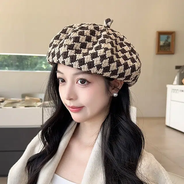 祎步康 时尚英伦针织格子 棉涤 贝雷帽 女款