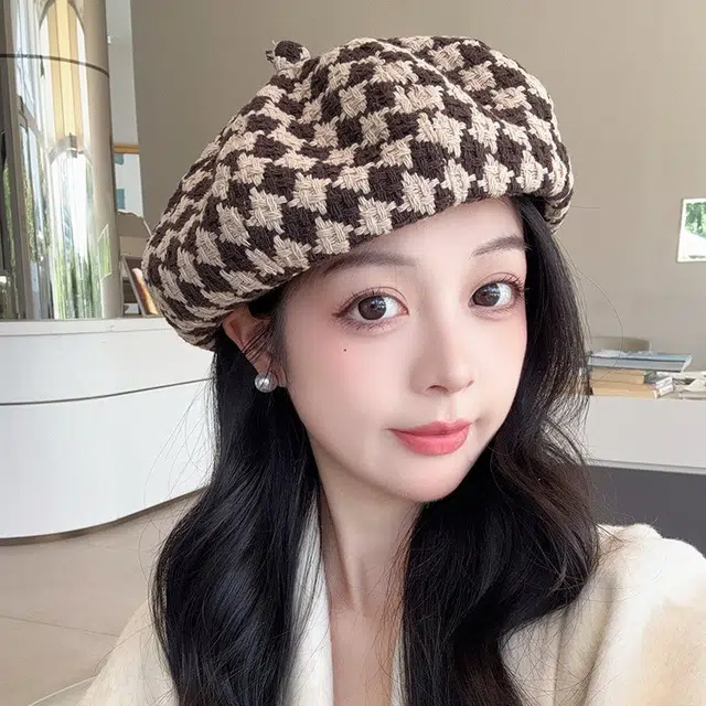 祎步康 时尚英伦针织格子 棉涤 贝雷帽 女款