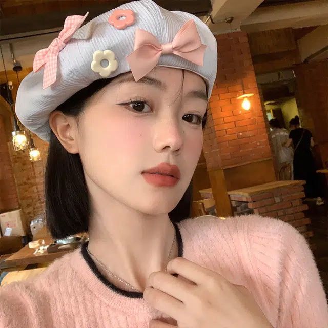 祎步康 日系可爱云朵蝴蝶结花朵#好运 棉 贝雷帽 女款