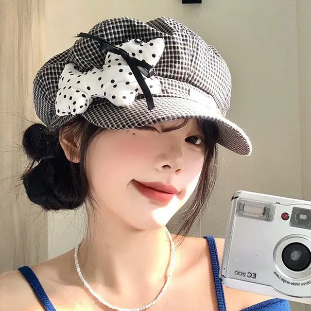 祎步康 可爱波点小狗格纹大头围薄款百搭文艺显脸小八角帽 腈纶 贝雷帽 女款