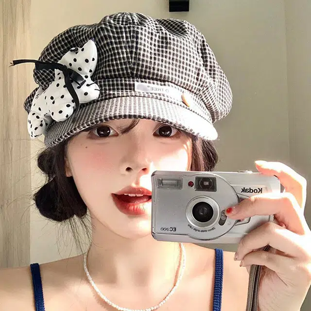 祎步康 可爱波点小狗格纹大头围薄款百搭文艺显脸小八角帽 腈纶 贝雷帽 女款